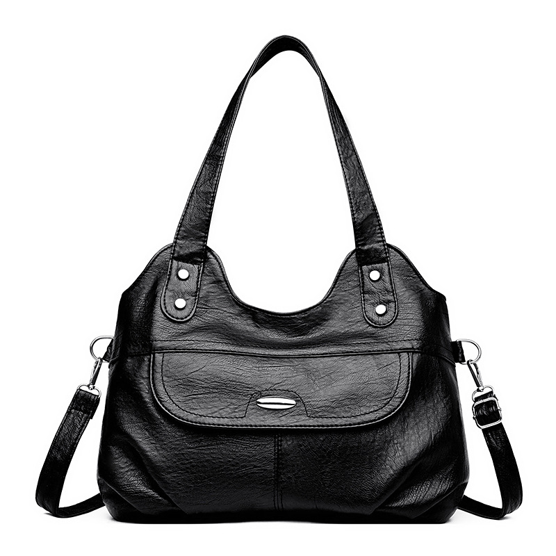 Black front-pocket leather-texture handbag · BG-MS-2057446392