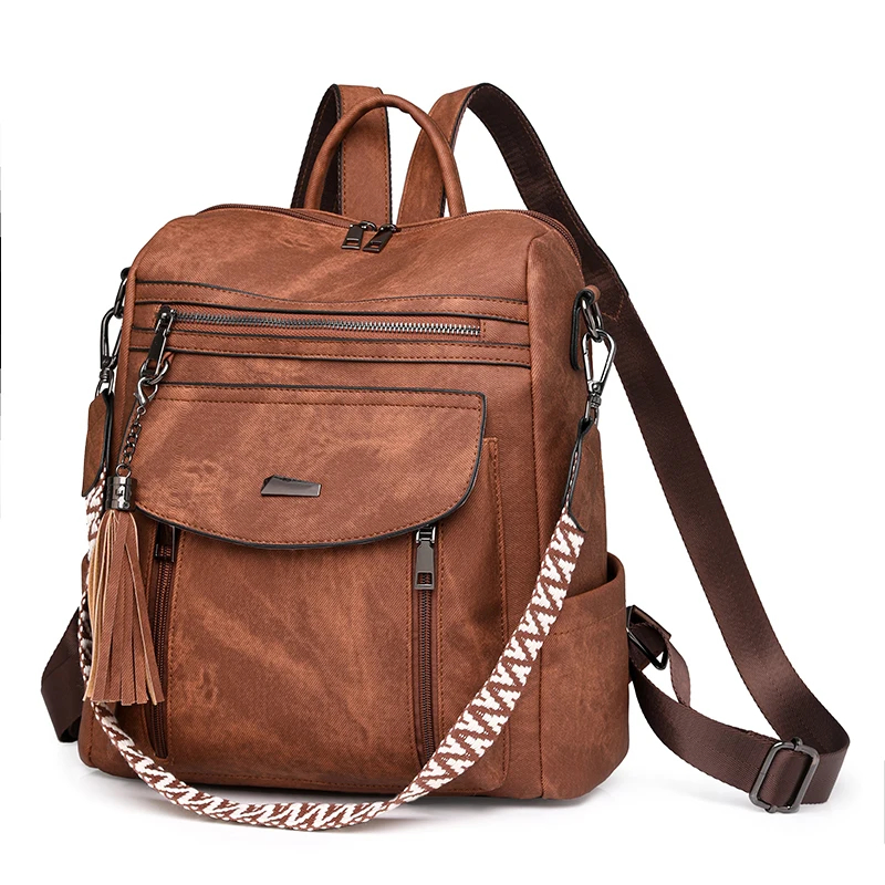 Brown leather-texture flap backpack · BG-MS-2139976325