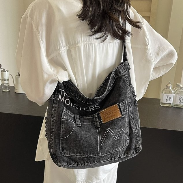 Black denim-style drawstring shoulder bag · BG-MS-2144492655