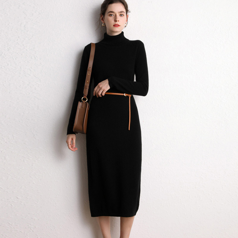 High-neck long-sleeve knitted dress · QH-016
