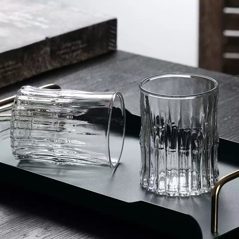 Straight glass tumbler with bamboo-joint texture · HJ-052