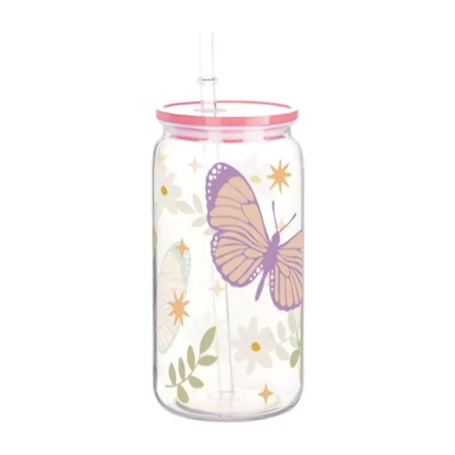 Can-shaped glass tumbler with straw lid · HJ-056