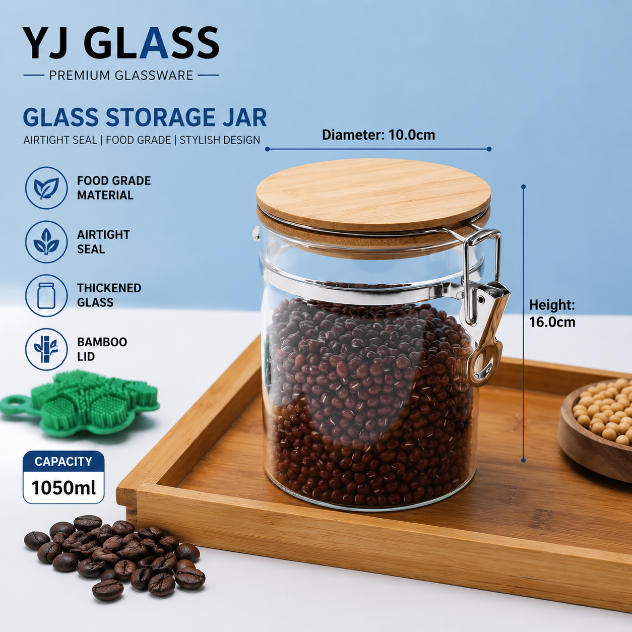 Glass storage jar with metal clamp closure · HJ-060
