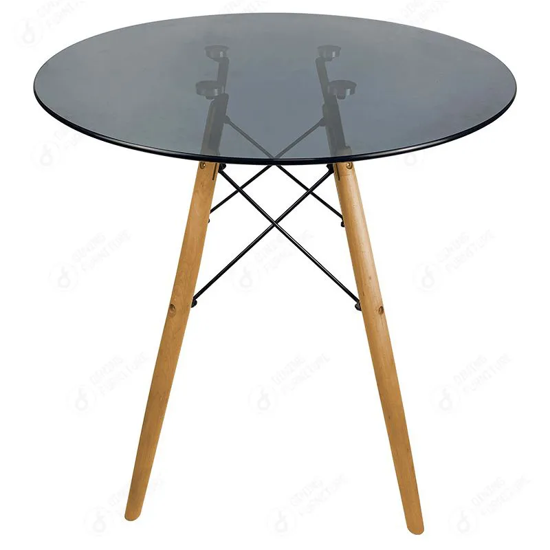 Round glass table on cross-braced wooden legs DT-G01 · XH-069