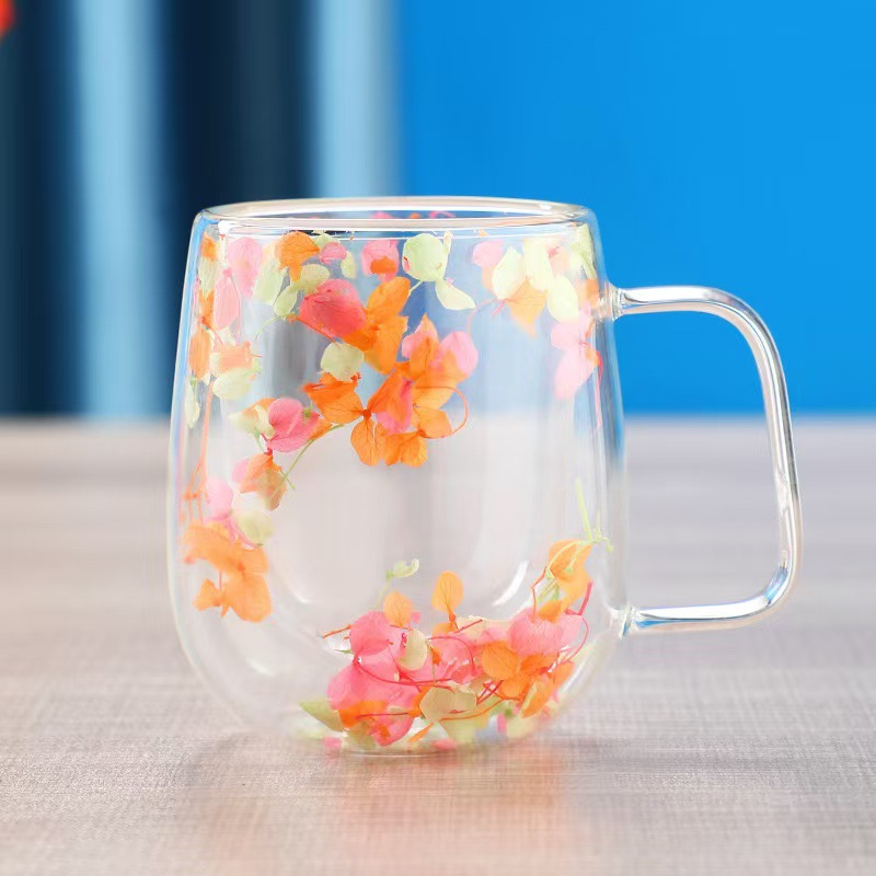 Double-wall glass mug with flower-filled wall · HJ-022