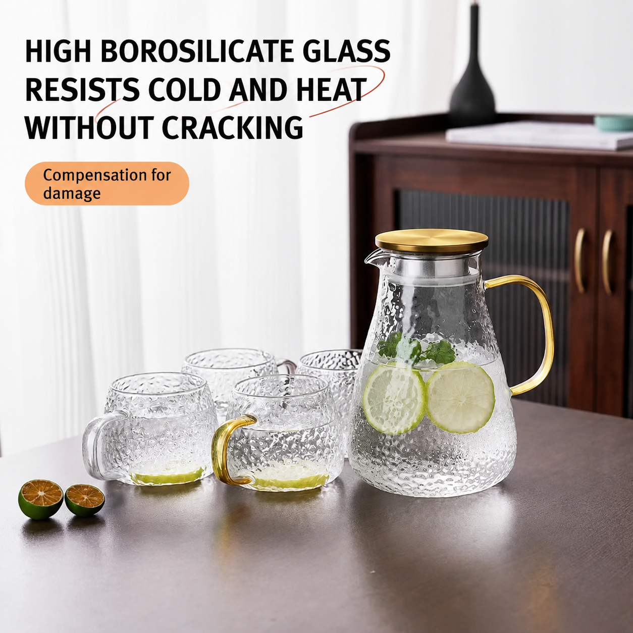 Hammer-textured round-bellied glass pitcher · HJ-029
