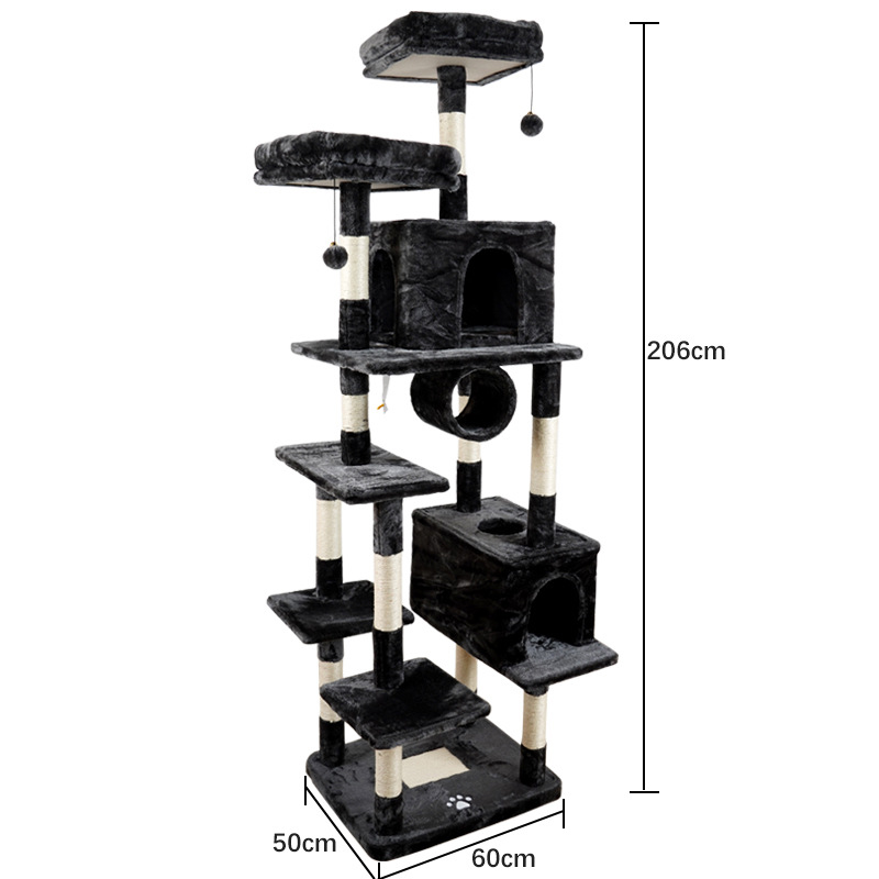 Tall double-cave cat tower with crawl-through tube · NH-100
