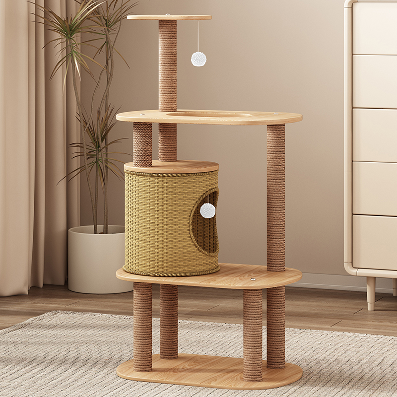 Panel-platform cat tower with woven round cave · NH-094