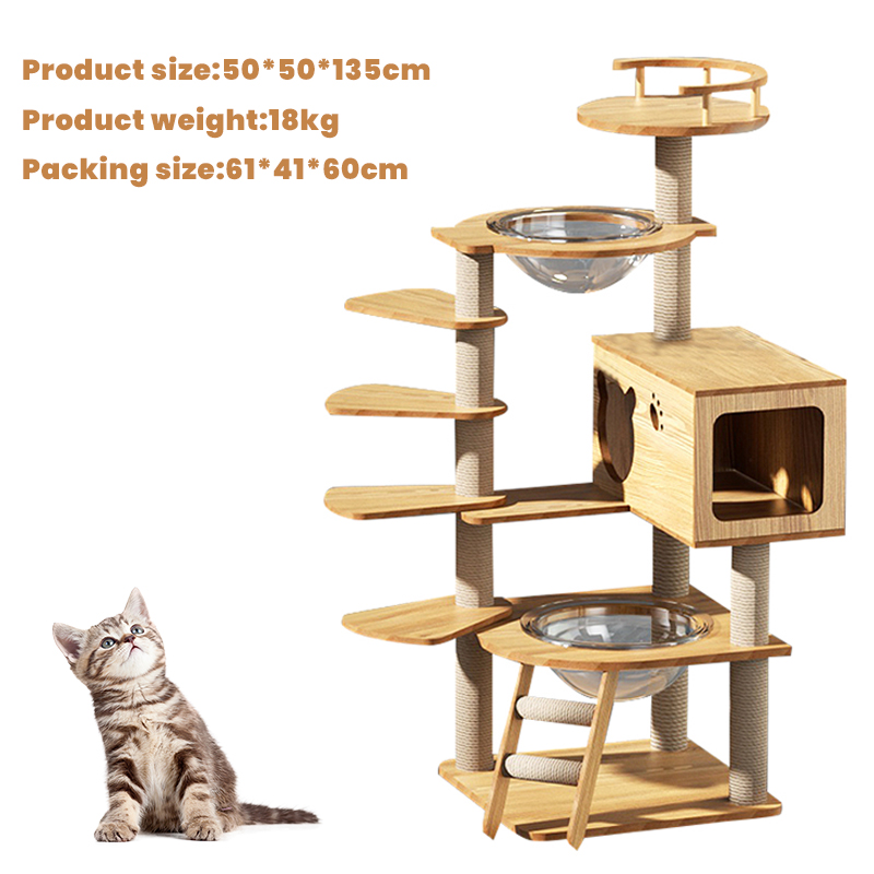 Spiral-platform cat tower with two clear bowls · NH-093