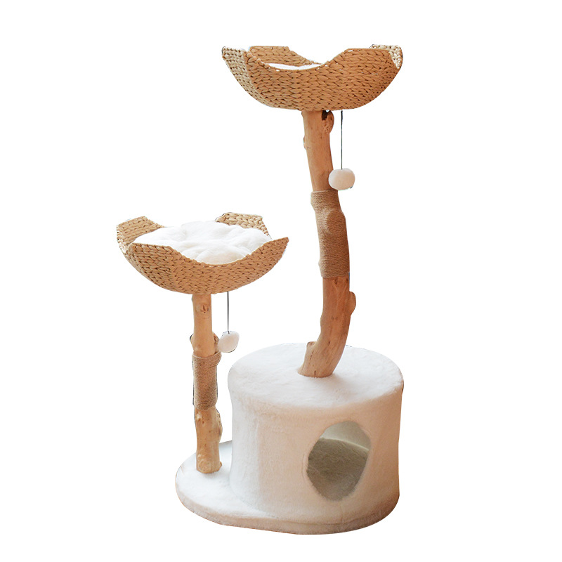 Curved-trunk cat tower with two woven baskets · NH-090