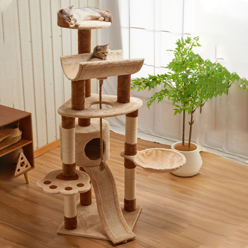 Multilevel cylinder-cave cat tower with curved ramp · NH-086