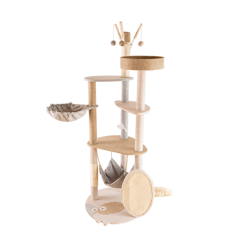 Twin-hammock cat tower with vertical scratch disc · NH-082