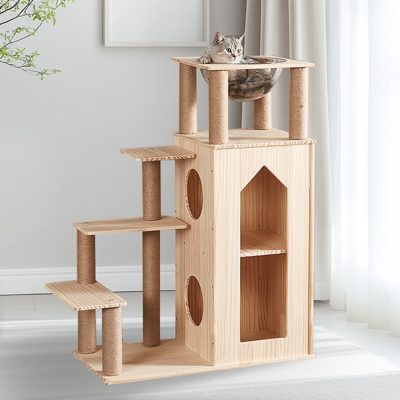 Cat tower with tall cabinet den and stepped platforms · NH-069