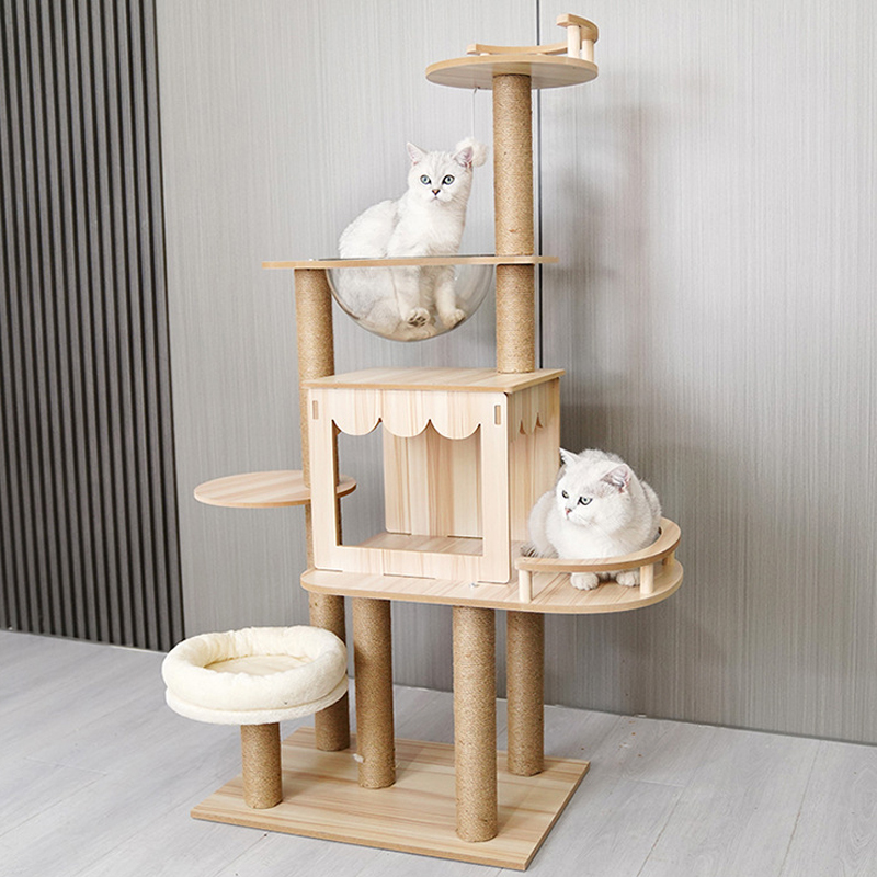 Cat tower with curtained den and clear bowl · NH-068