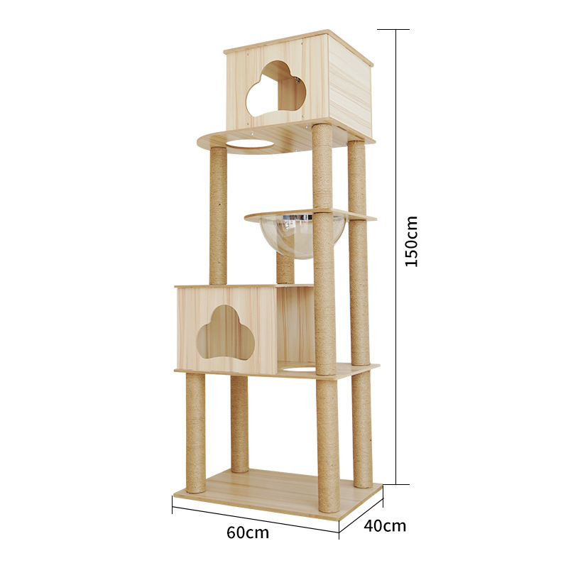 Upright wood-grain cat tower with two dens · NH-066