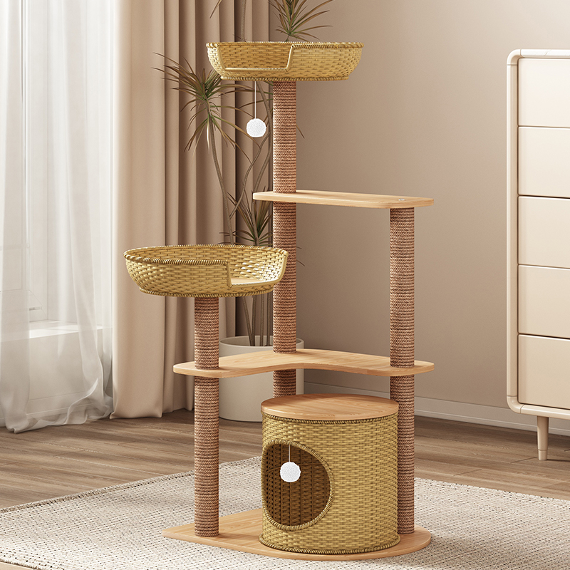 Cat tower with woven round den and baskets · NH-064