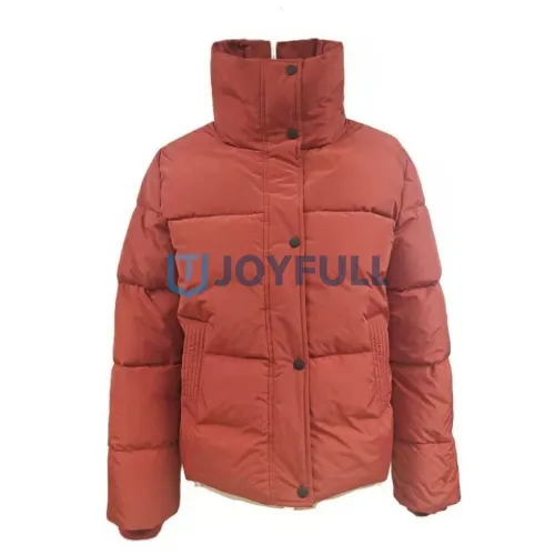 High-collar winter jacket with wide quilt channels and snaps · FS-030