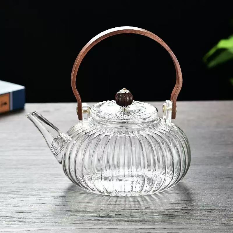 Pumpkin-shaped glass teapot with overhead handle · HJ-070