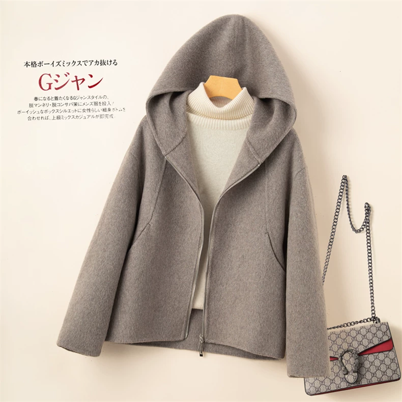 Hooded zip-front wool-look jacket · QH-027