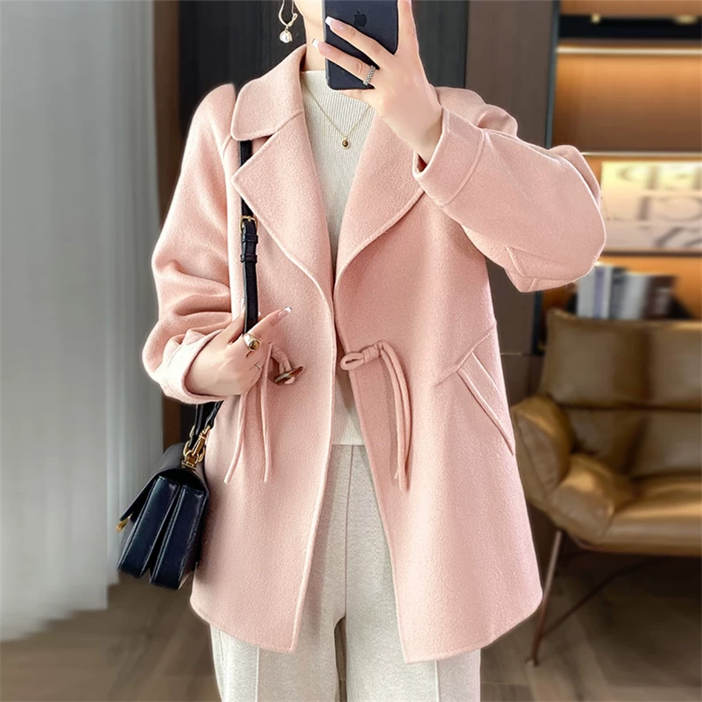 Mid-length lapel coat with drawcord waist · QH-022