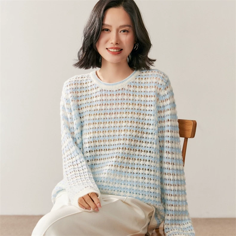 Round-neck pullover with openwork grid · QH-050