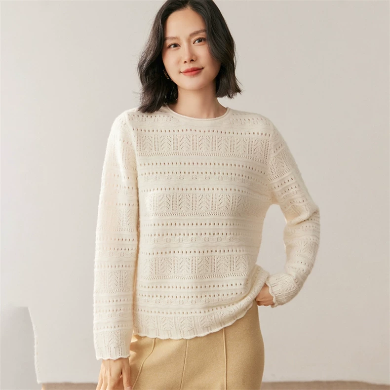 Round-neck pullover with horizontal openwork rows · QH-049