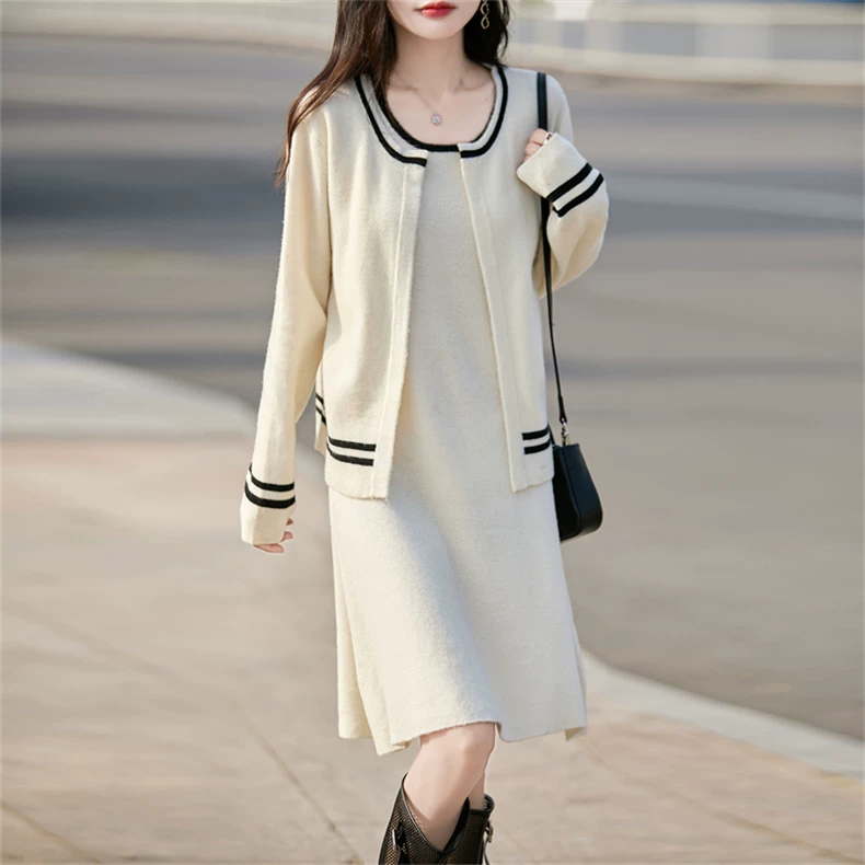 Piped long-cardigan and dress knit set · QH-092