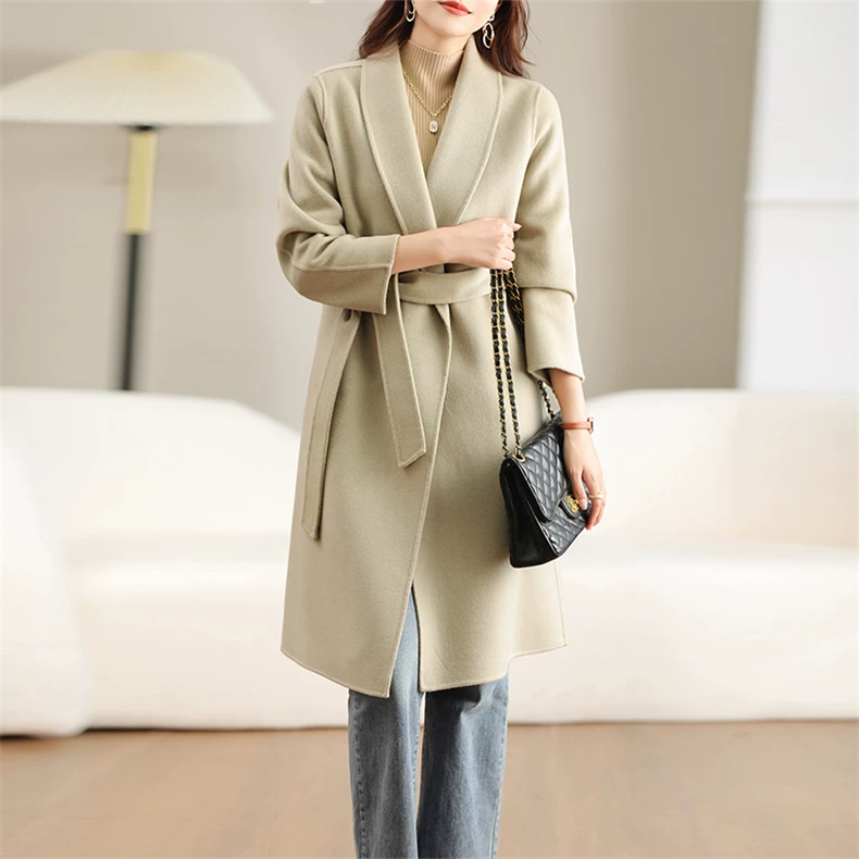 Mid-length wrap coat with large shawl collar and tie belt · QH-040