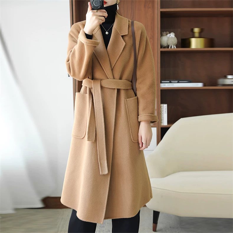 Long tie-belt coat with notched lapels and patch pockets · QH-045