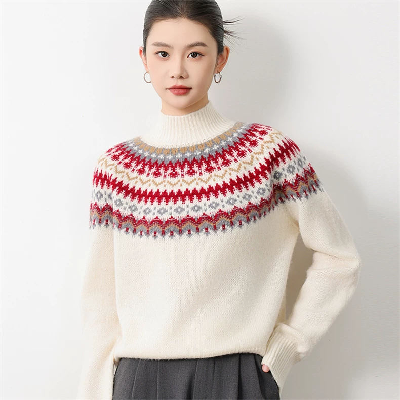 High-neck knitted pullover with patterned yoke · QH-052