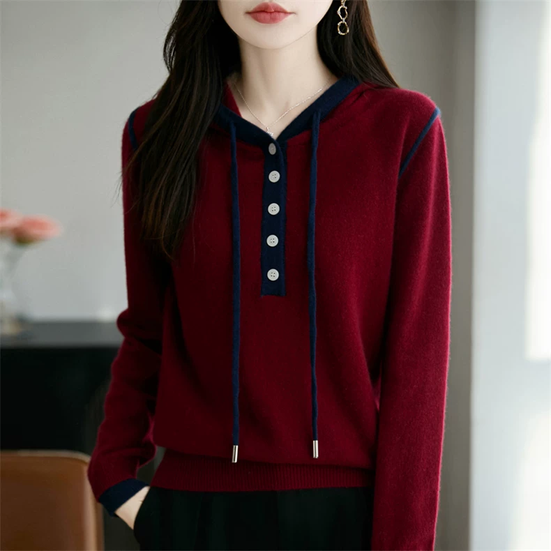 Hooded knit pullover with half-button placket · QH-036