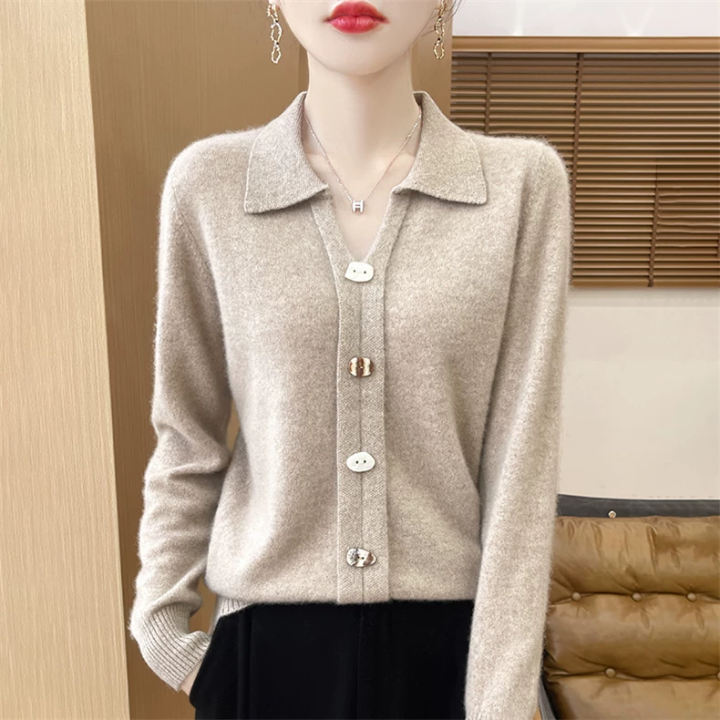 Shirt-collar knitted cardigan with full button front · QH-033