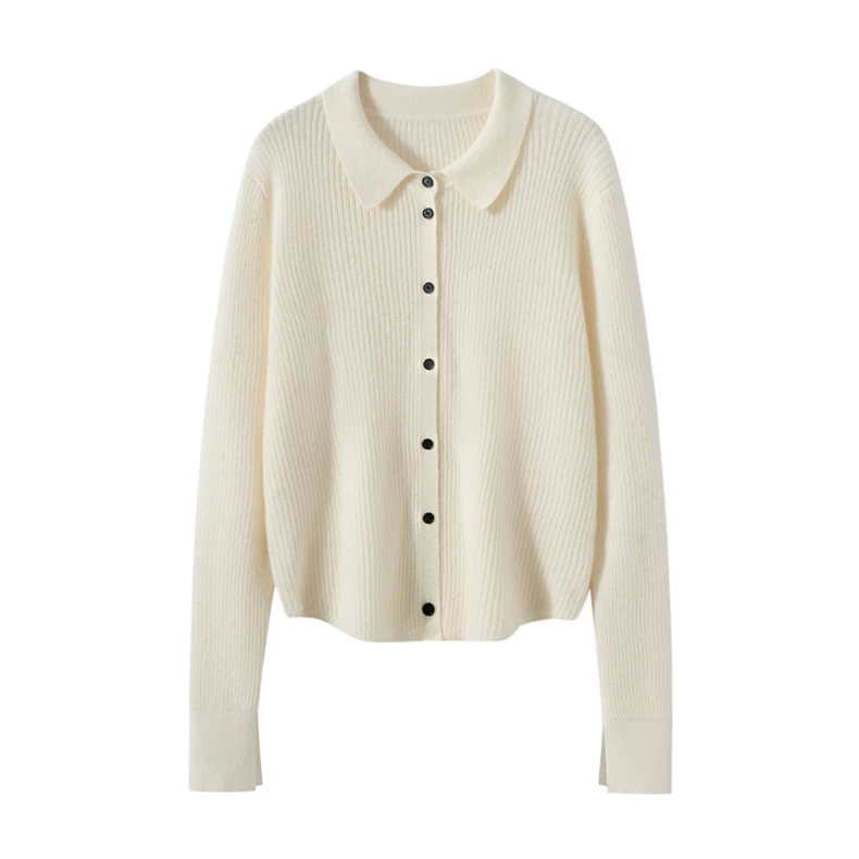 Button knit cardigan with rounded shirt collar · QH-091