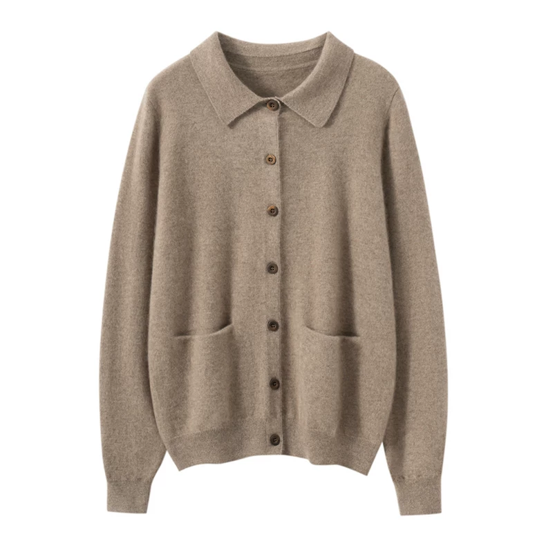 Collared knit cardigan with two patch pockets · QH-076