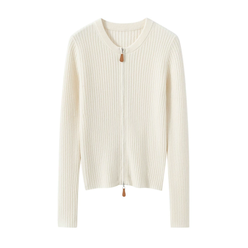 Round-neck rib-knit cardigan with two-way zip · QH-073