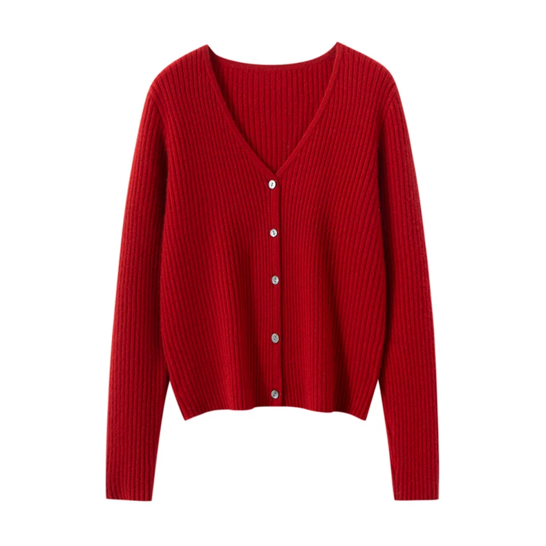 Fitted V-neck rib-knit button cardigan · QH-078
