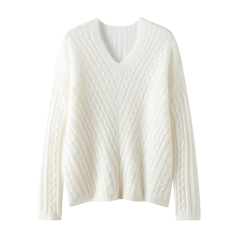 V-neck batwing knit pullover with diagonal texture · QH-064