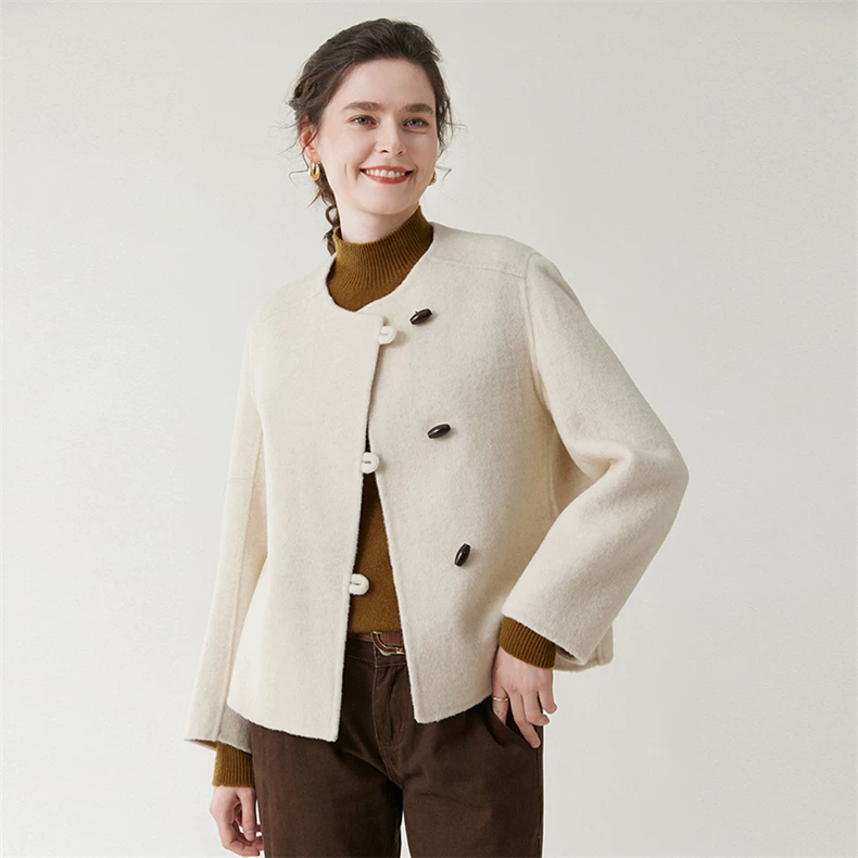 Collarless short coat with offset double-breasted front · QH-055