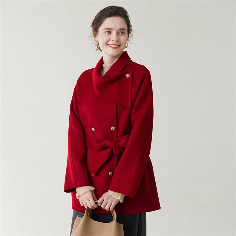 Short double-breasted lapel coat with tie belt · QH-056