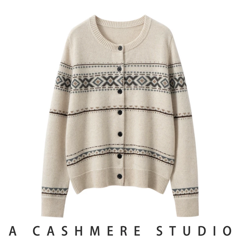 Round-neck button cardigan with patterned bands · QH-075