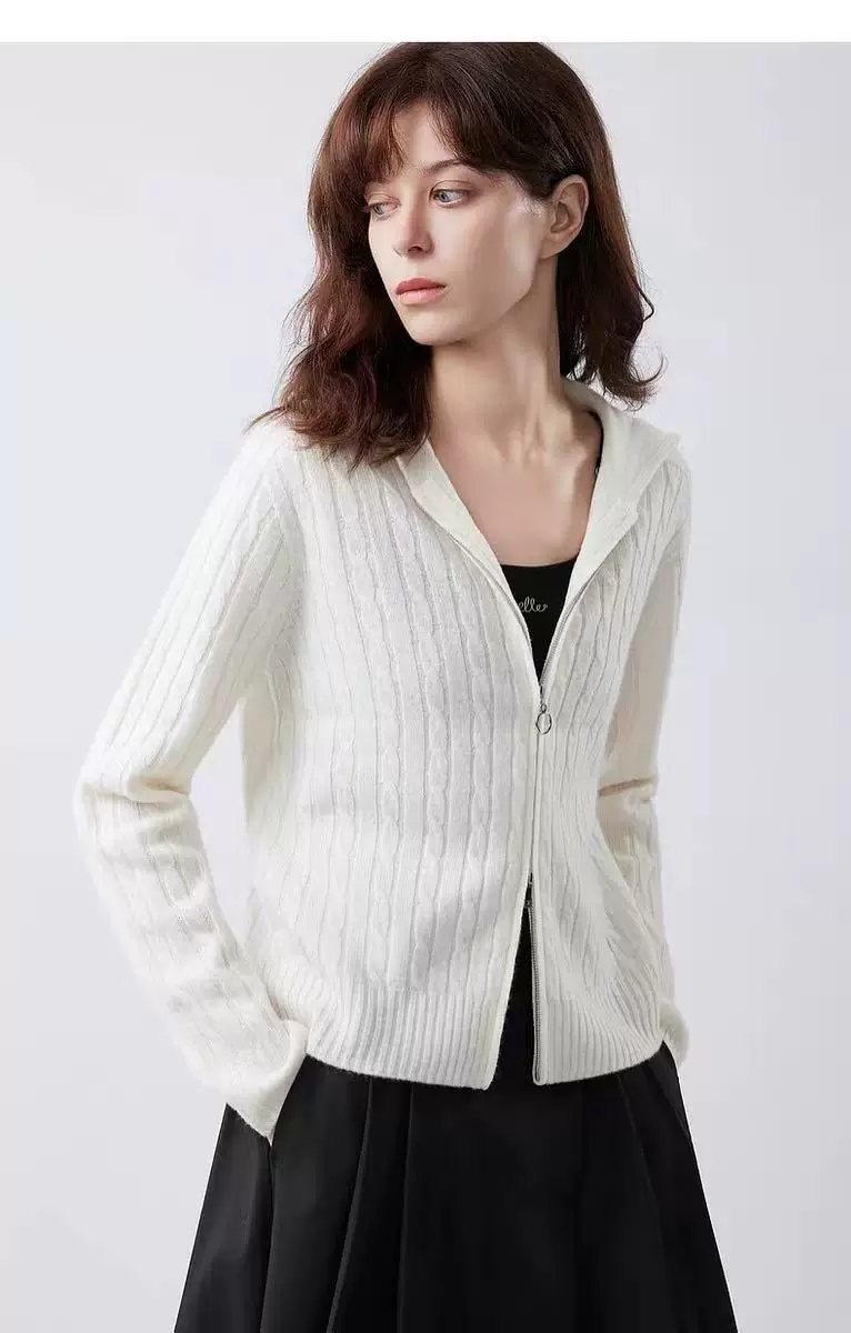 Hooded rib-knit cardigan with shaped waist and flared hem · QH-085