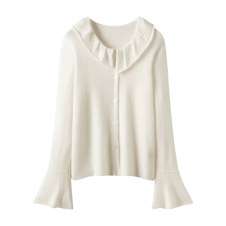 Knitted top with ruffled neckline and bell cuffs · QH-061