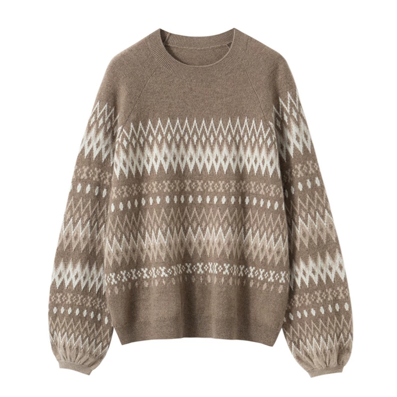 Argyle-pattern knit pullover with balloon sleeves · QH-074