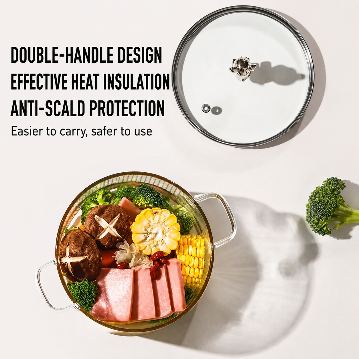 Ribbed glass cooking pot with bear-shaped lid knob · HJ-042