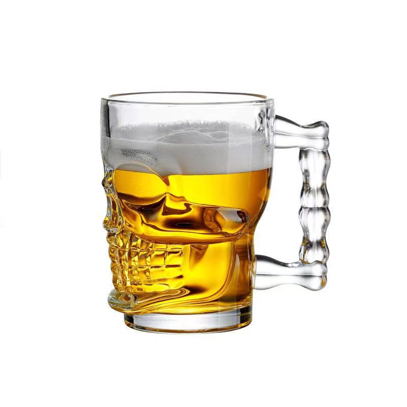 Skull-relief glass beer mug with handle · HJ-087