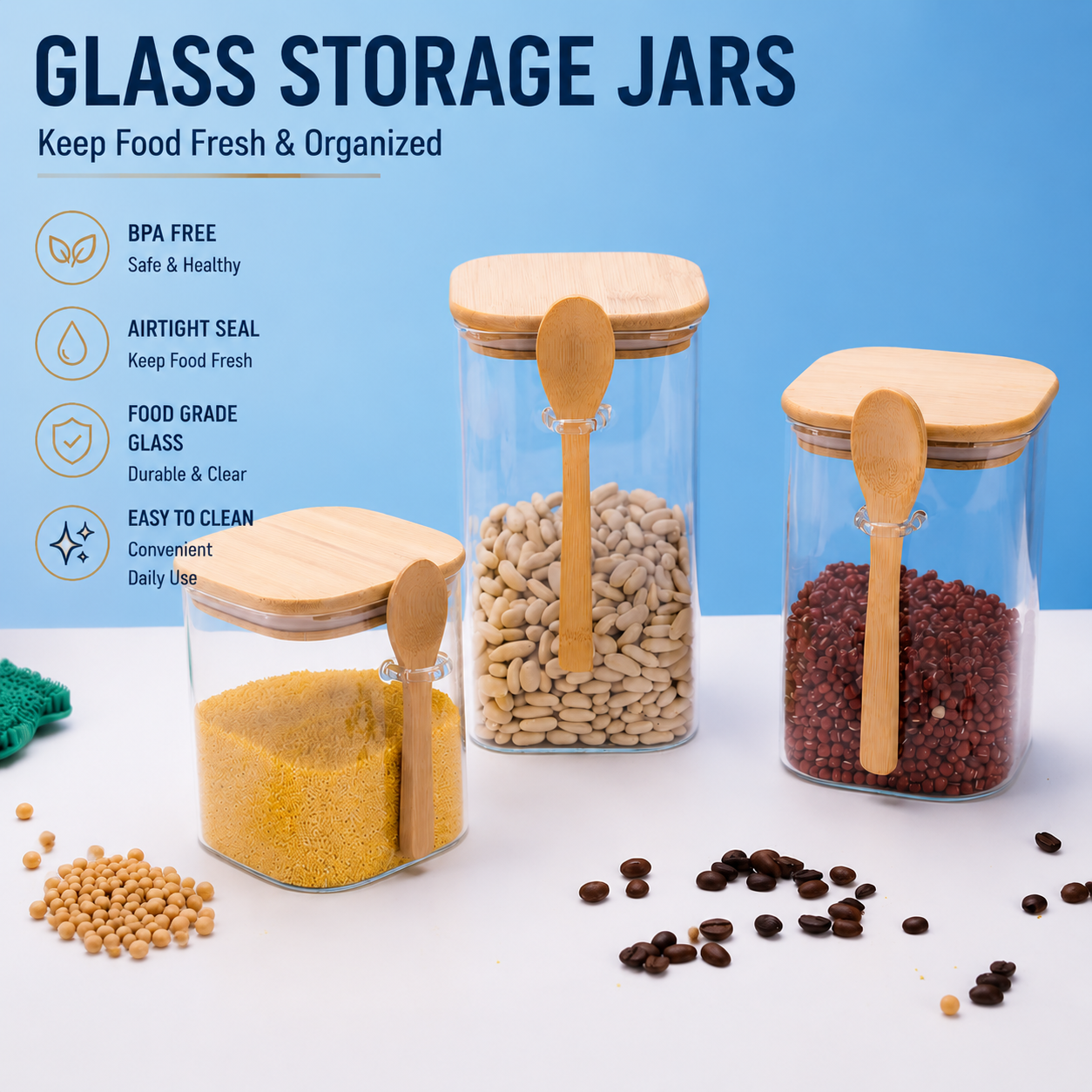 Square glass jar with external spoon holder · HJ-065