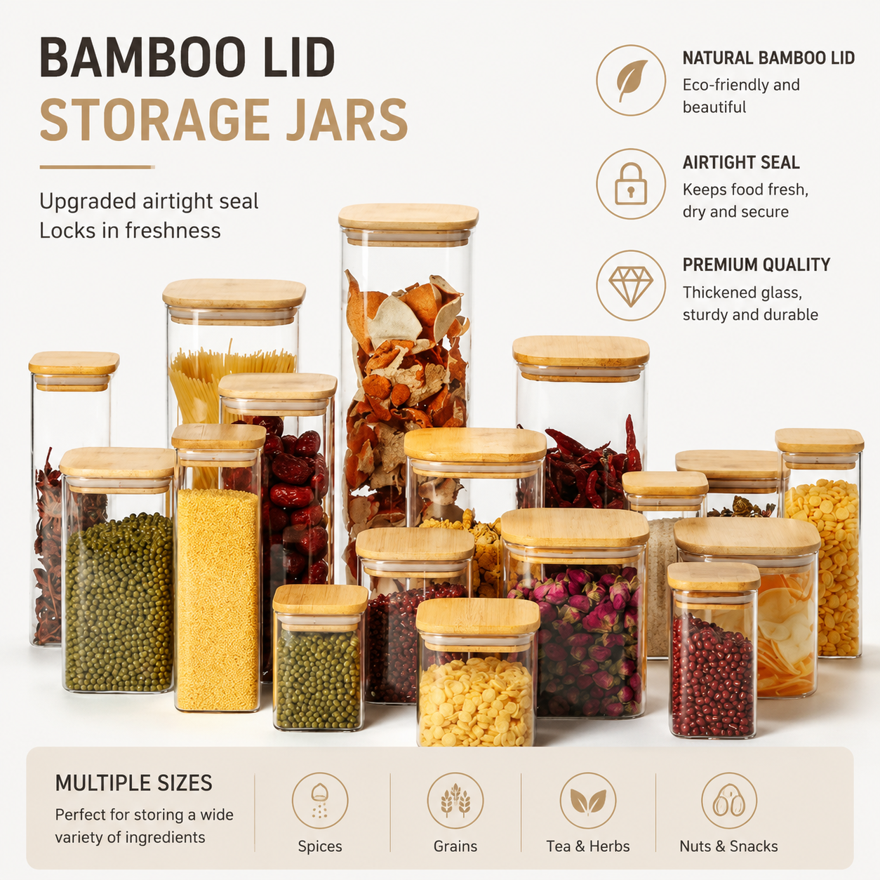 Square glass storage jar with bamboo lid · HJ-062