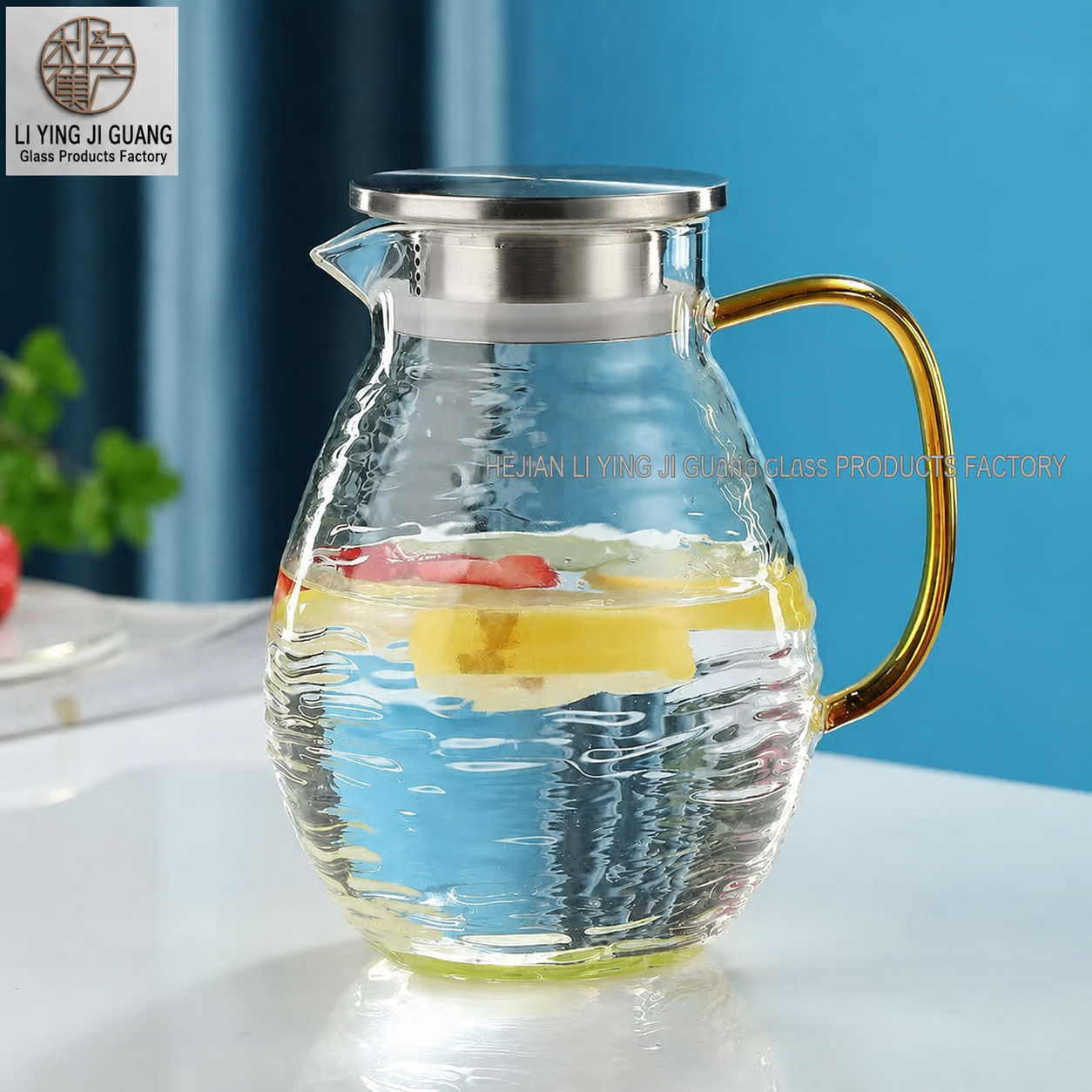 Waisted glass pitcher with horizontal ripple texture · HJ-032