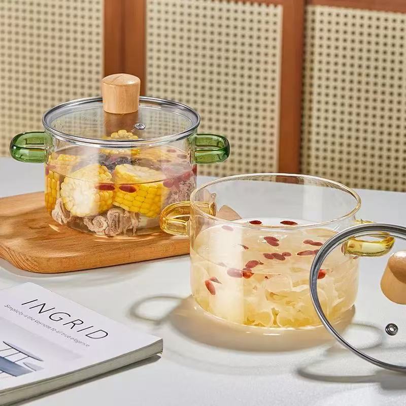 Two-handle glass cooking pot with wooden lid knob · HJ-041
