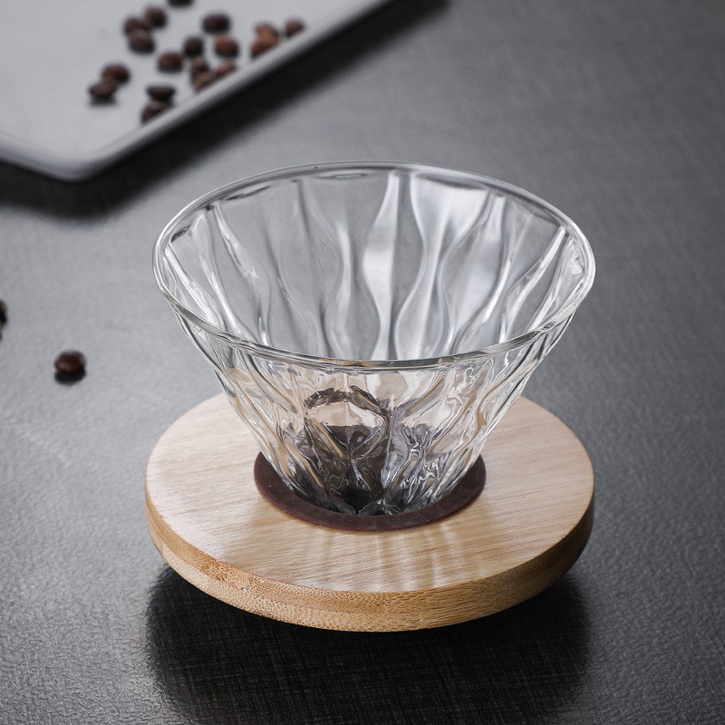 Ribbed glass coffee dripper with wood base · HJ-012